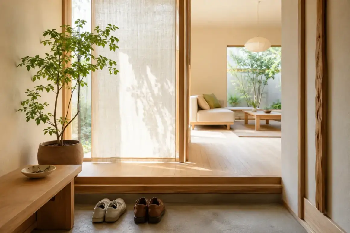 Jasny hol z rośliną i ławką, zgodny z zasadami feng shui. W tle salon z sofą i widokiem na ogród.