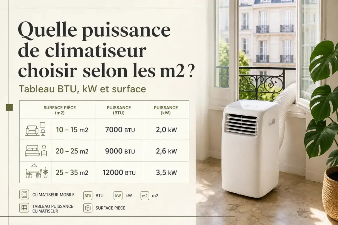 Tableau indiquant combien de BTU par m2 sont nécessaires pour choisir la bonne puissance de climatiseur mobile, avec des exemples pour différentes surfaces.