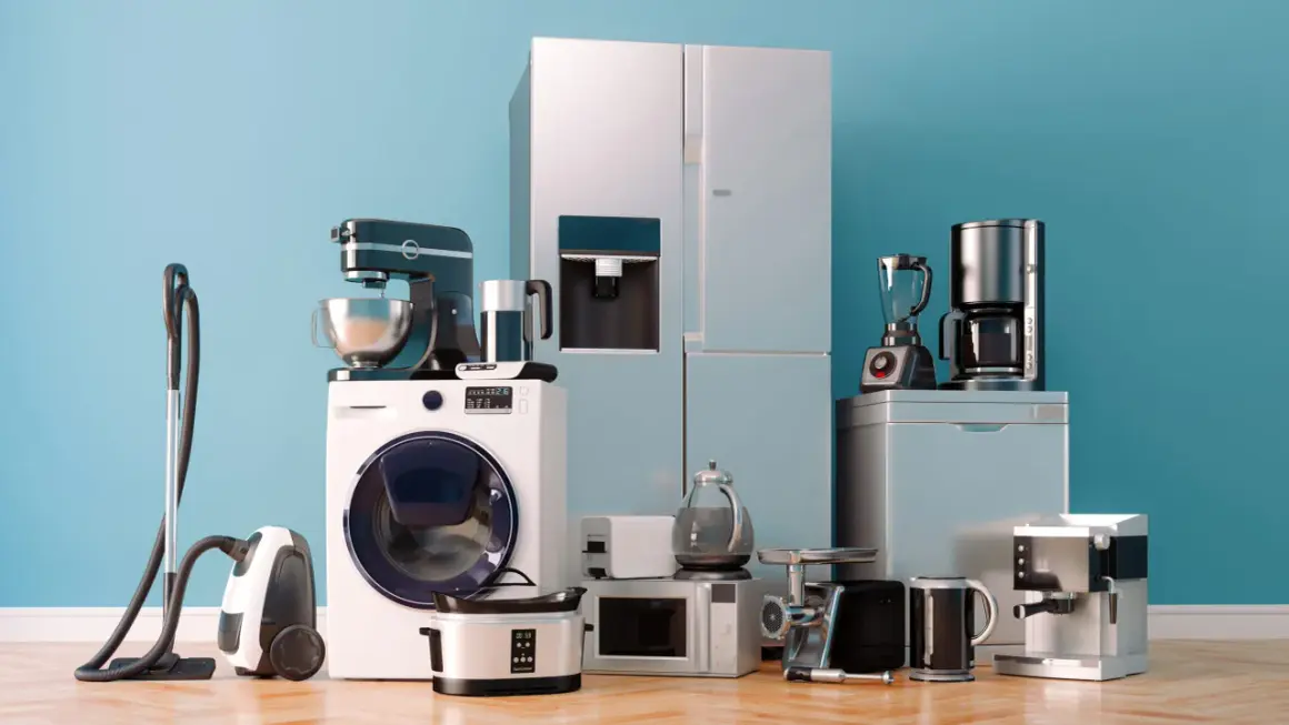Elettrodomestici per la casa: frigo, lavatrice, aspirapolvere, impastatrice, frullatore, macchina da caffè, tostapane, bollitore, macinacarne, robot da cucina e forno a microonde.