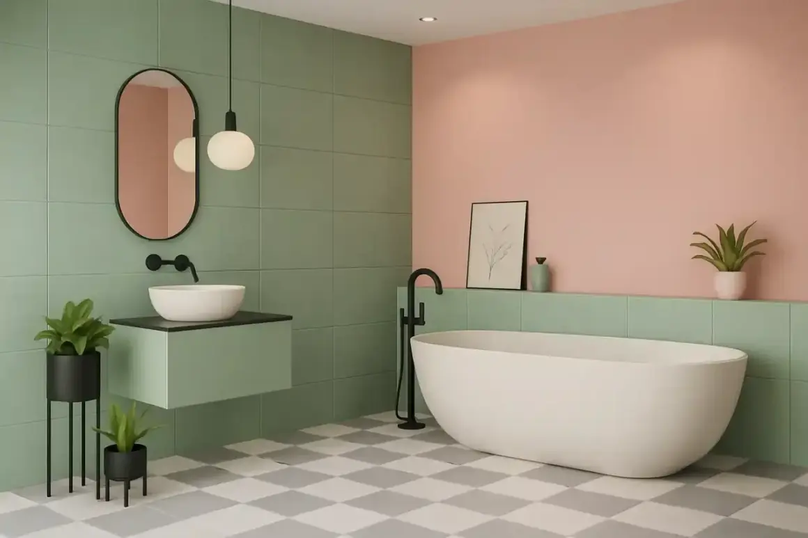 Salle de bain moderne avec baignoire îlot, lavabo suspendu et carrelage vert et rose. Idéal pour peindre le plafond de la salle de bain.