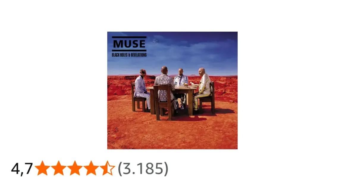 Copertina dell'album "Black Holes & Revelations" dei Muse, con la band seduta attorno a un tavolo in un paesaggio desertico.
