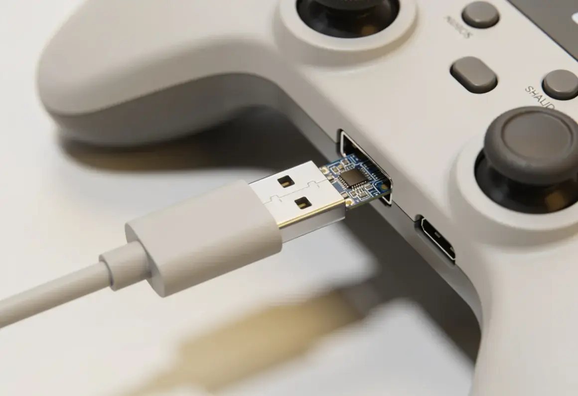 Szary kontroler z podłączonym kablem USB. Dowiedz się, jak podłączyć pada od PS4 do Xbox One, używając tego adaptera.