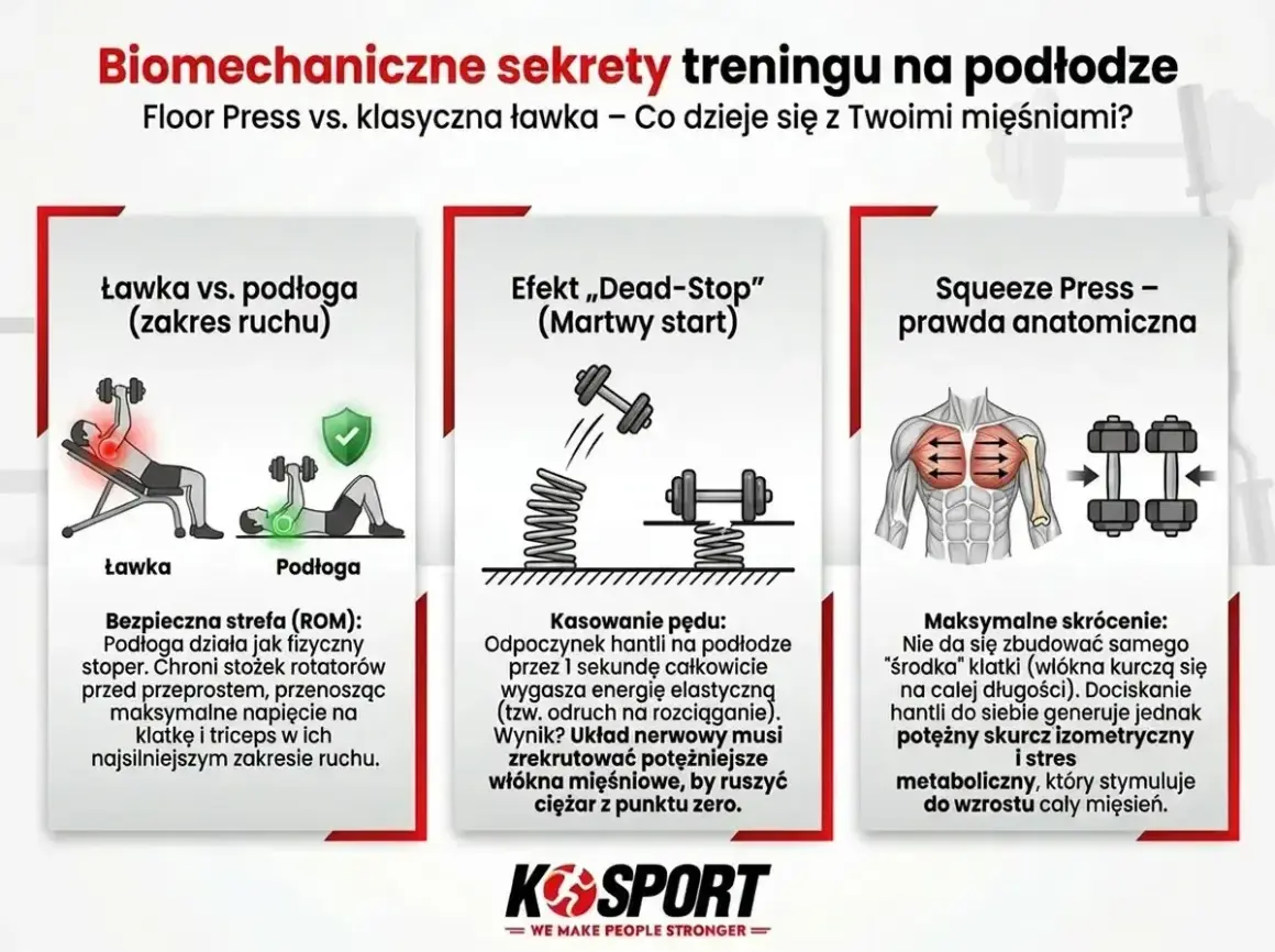 Grafika porównuje trening na ławce i podłodze. Podłoga jest lepsza do ćwiczeń, bo chroni przed przeprostem i angażuje mięśnie.