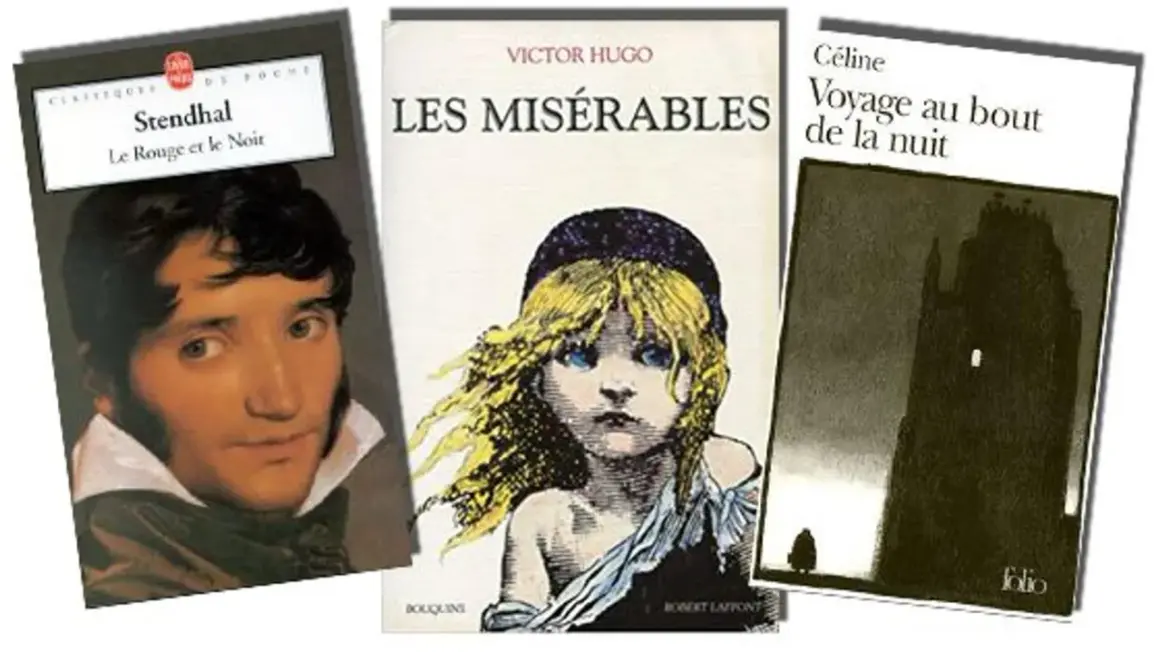 Trois couvertures de livres : "Le Rouge et le Noir" de Stendhal, "Les Misérables" de Victor Hugo, et "Voyage au bout de la nuit" de Céline. Ces œuvres font partie des plus beaux livres d'amour.