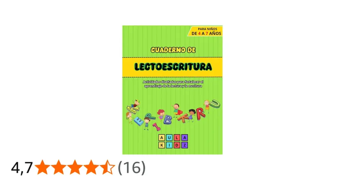 Cuaderno de lectoescritura para niños de 4 a 7 años, con divertidas letras y niños aprendiendo.