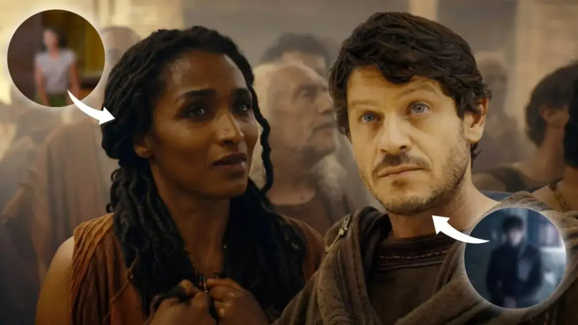 Die Besetzung von "Those About to Die" mit prominenten Gesichtern, die durch Pfeile hervorgehoben werden.