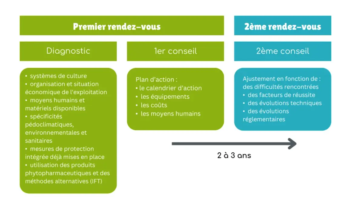 Schéma du premier rendez-vous : diagnostic (systèmes, moyens, produits phytopharmaceutiques) et 1er conseil (plan d'action). Suivi d'un 2ème rendez-vous avec ajustement.