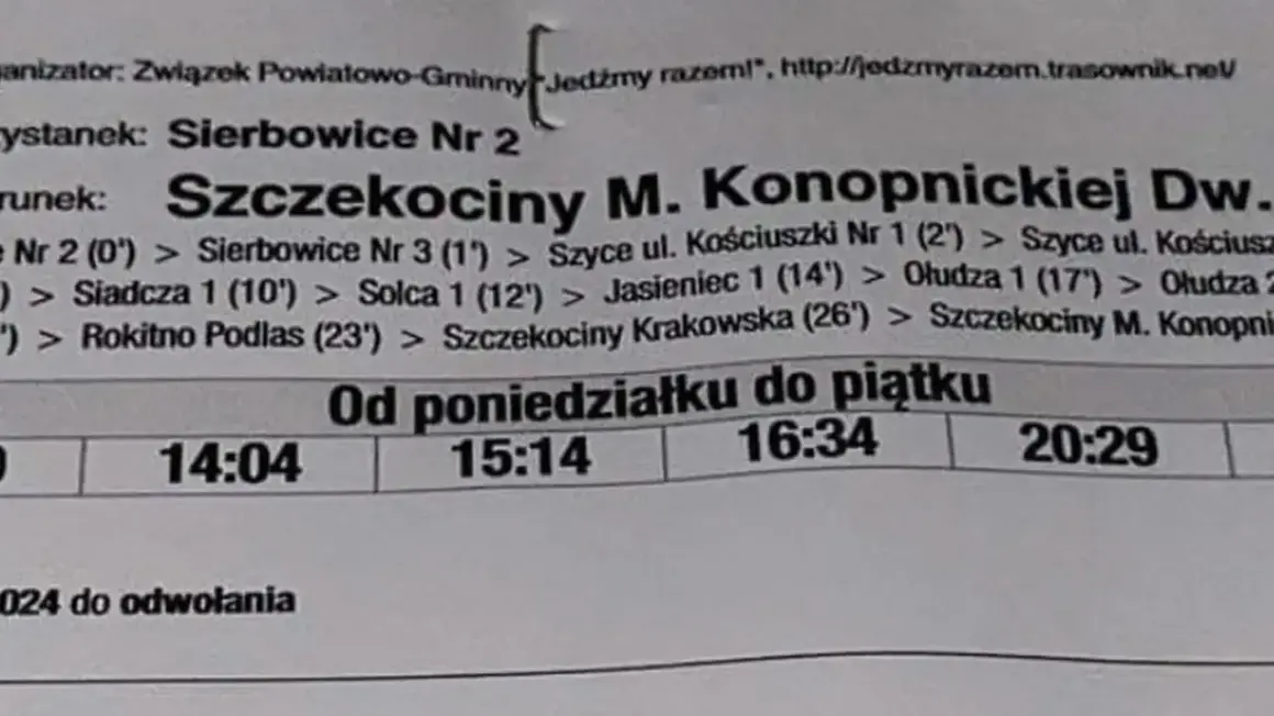 Fragment rozkładu jazdy PKS z godzinami odjazdów: 14:04, 15:14, 16:34, 20:29.