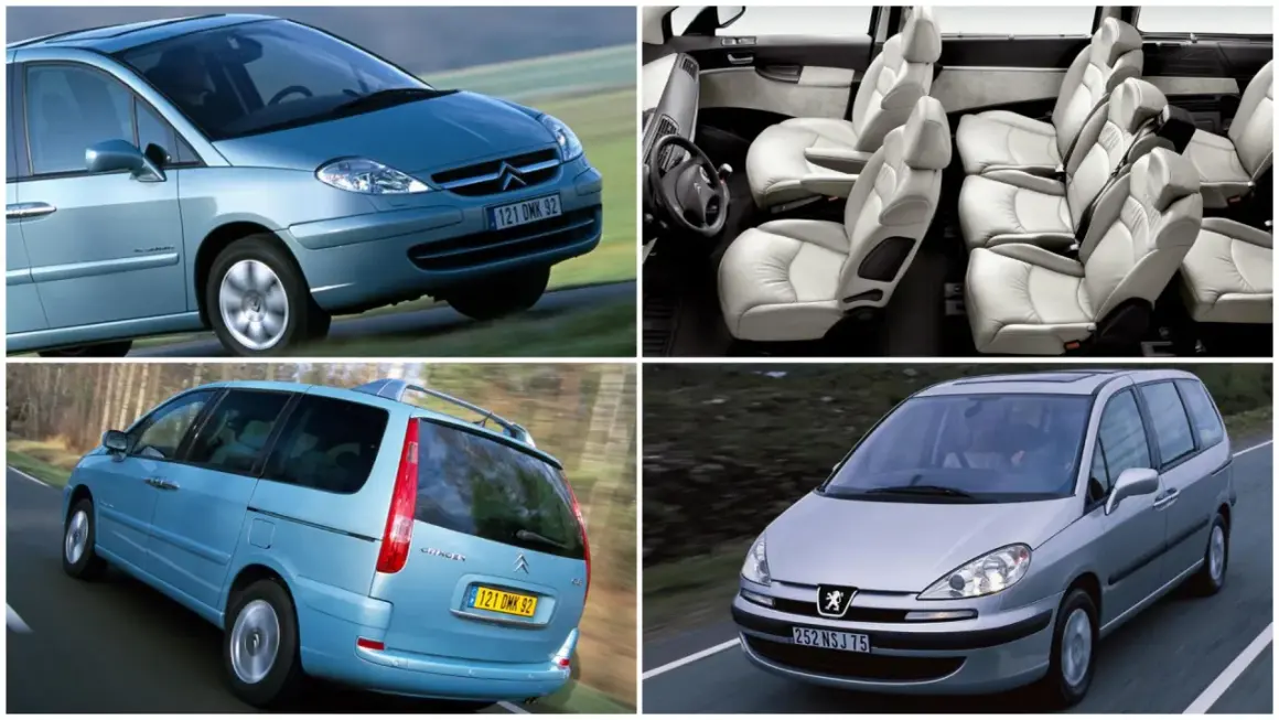 Citroën C8 w kolorze błękitnym i srebrnym, z widokiem na wnętrze z jasnymi skórzanymi fotelami.