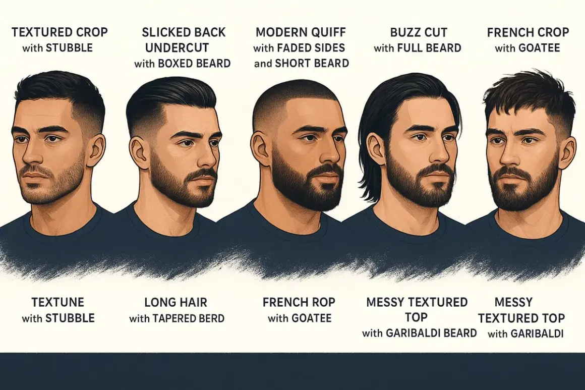 Cinq hommes présentent différentes coupes de cheveux et barbes. La **cheveux texture** varie de courte et texturée à longue et lisse.