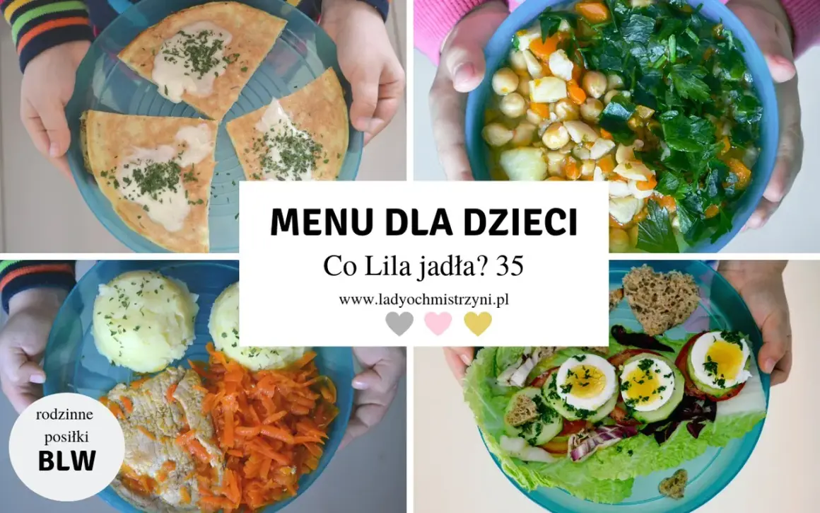 Jadłospis 2 latka: omlet, warzywa z ciecierzycą, mięso z ziemniakami i surówką, sałatka z jajkiem.