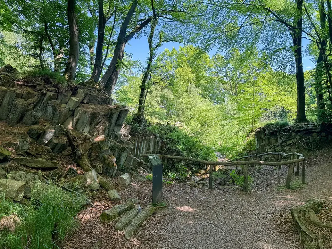 Ein Pfad führt durch einen Wald mit steilen Felsformationen. Ein blauer Stein liegt am Wegesrand.