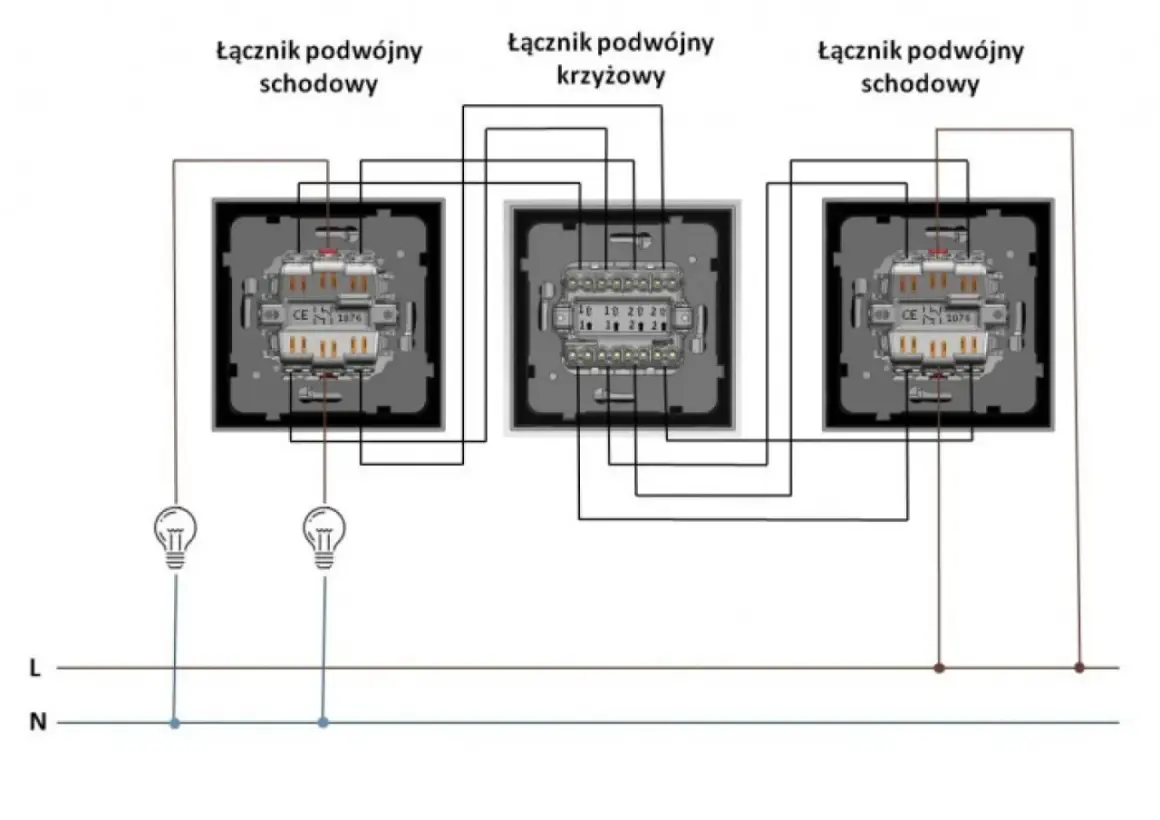 Schemat instalacji elektrycznej z łącznikiem podwójnym krzyżowym i dwoma schodowymi, sterującymi dwoma żarówkami.