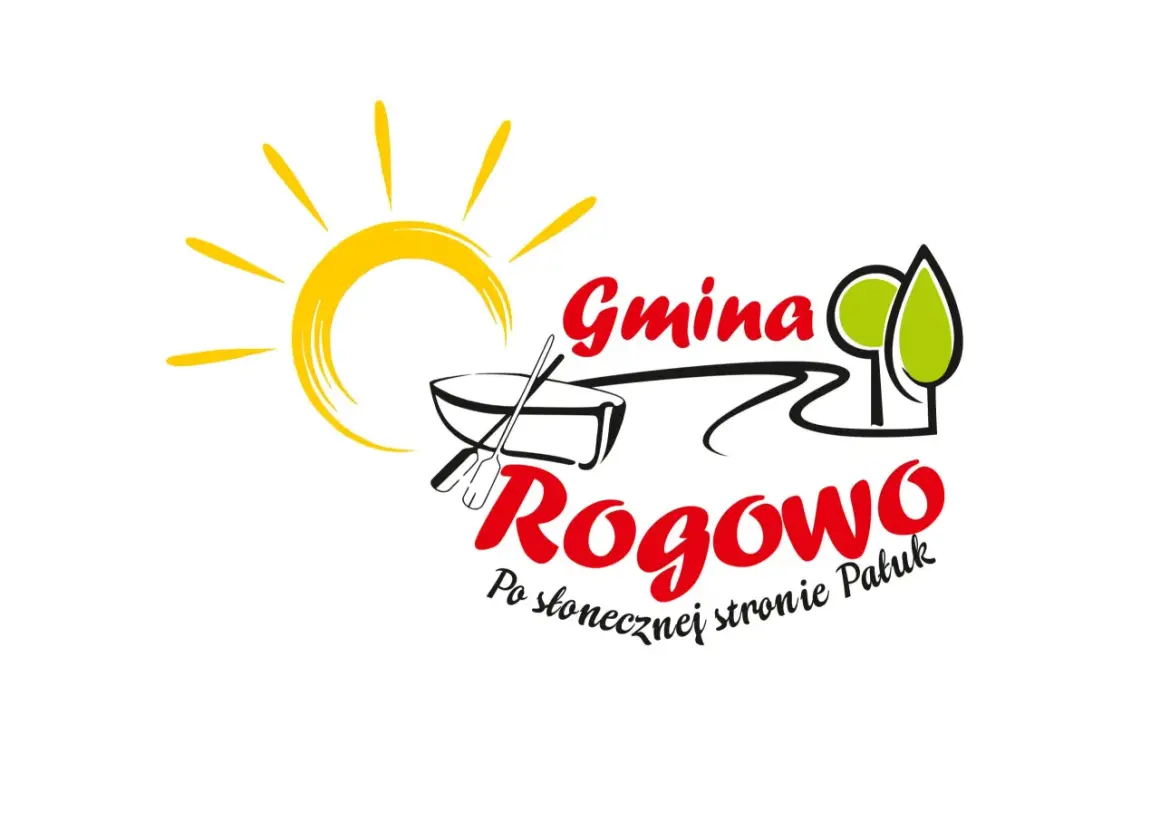 Logo Gminy Rogowo z hasłem "Po słonecznej stronie Patuk". Słońce, łódź z wiosłami i drzewa symbolizują radość i naturę.