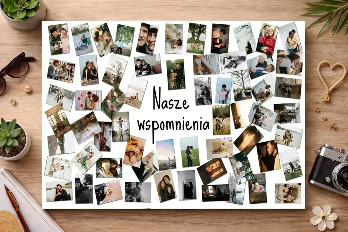 Kolaż zdjęć z napisem "Nasze wspomnienia". Uwiecznione chwile szczęścia, miłości i rodzinnych spotkań.