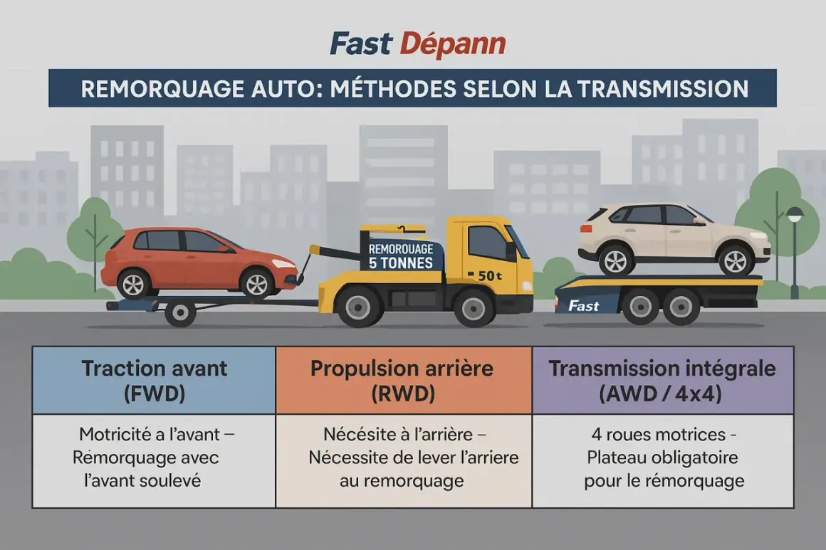 Illustration montrant les méthodes de remorquage selon la transmission : traction avant, propulsion arrière ou intégrale. Le remorquage dépend de la propulsion ou traction du véhicule.