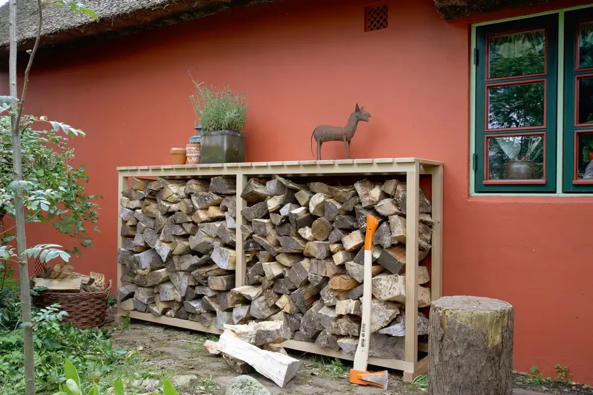 Praktische brennholz lagern ideen: Holzstapel in einem Holzregal vor einer roten Wand, daneben ein Baumstumpf und eine Axt.
