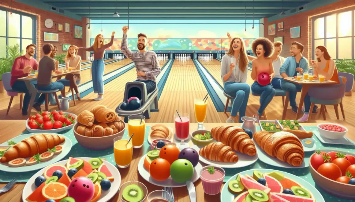 Freunde feiern beim Bowling in Gummersbach mit Obst und Gebäck.