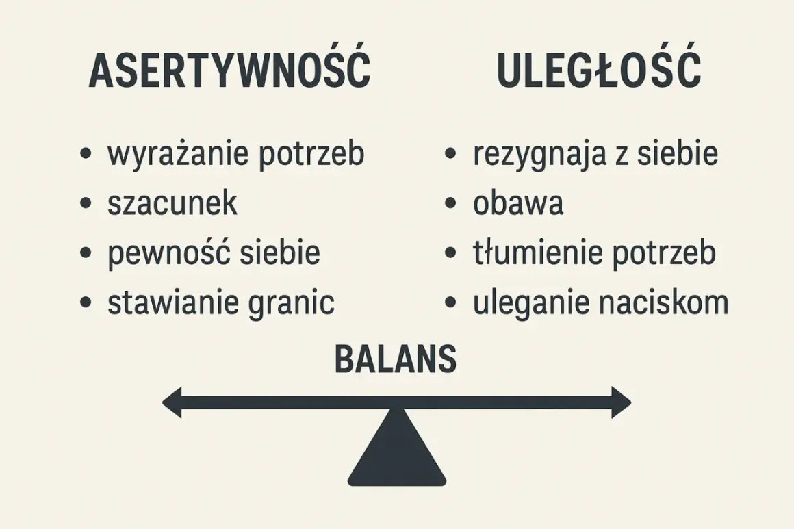 Asertywność co to? Wyrażanie potrzeb, szacunek, pewność siebie, stawianie granic. Uległość to rezygnacja z siebie, obawa, tłumienie potrzeb, uleganie naciskom. Balans.