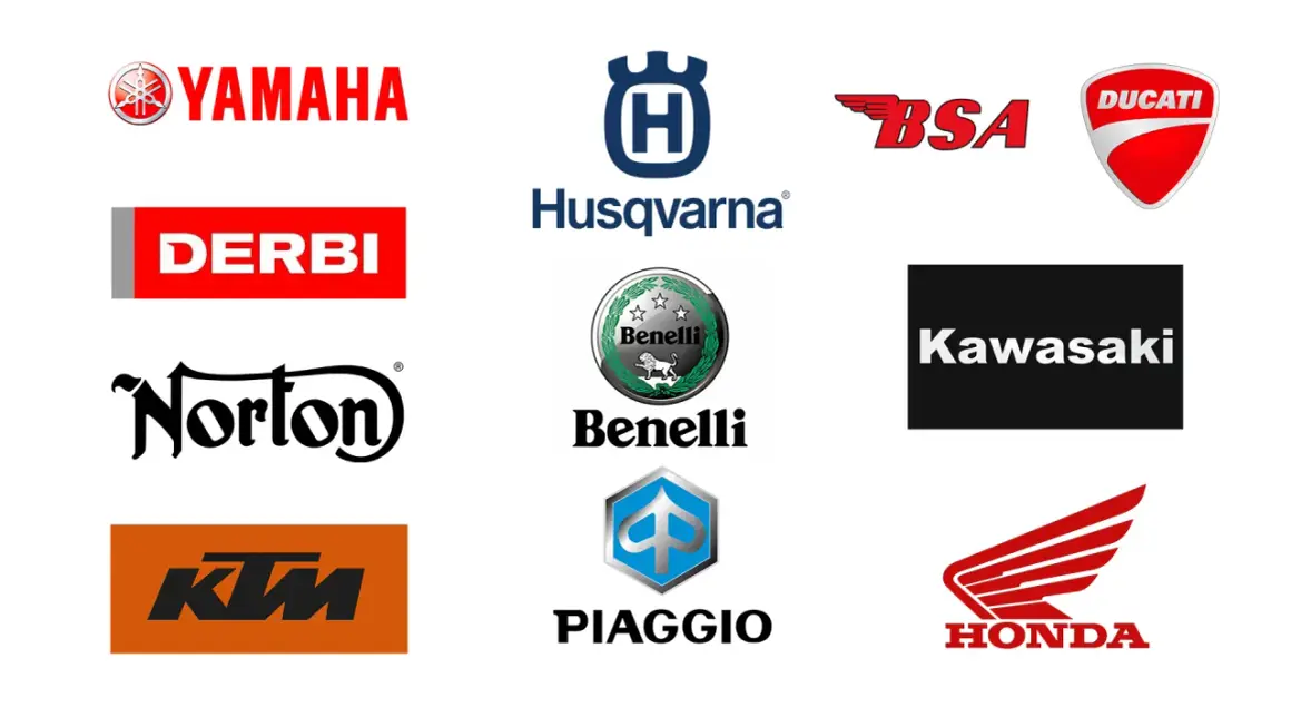 Logos de marcas de motos: Yamaha, Derbi, Norton, KTM, Husqvarna, Benelli, Piaggio, BSA, Ducati, Kawasaki y Honda.