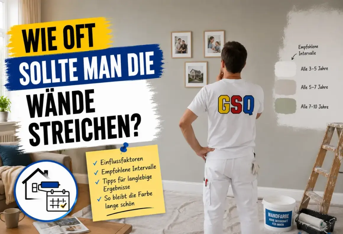 Mann überlegt, wie oft man eine Wand streichen sollte. Empfehlungen reichen von 3-5 bis 7-10 Jahren.