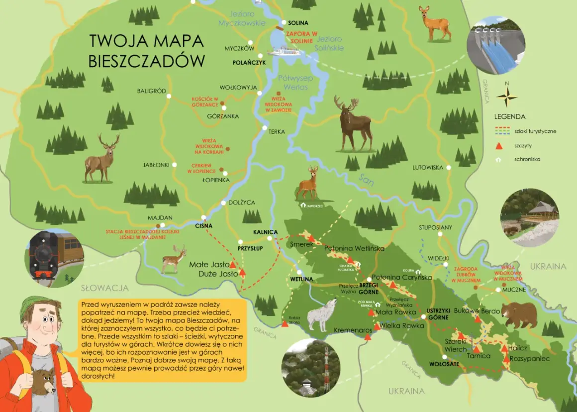 Mapa Bieszczadów z zaznaczonymi szlakami, schroniskami, szczytami i atrakcjami. Znajdziesz tu m.in. Solinę, Wetlinę, Ustrzyki Górne.