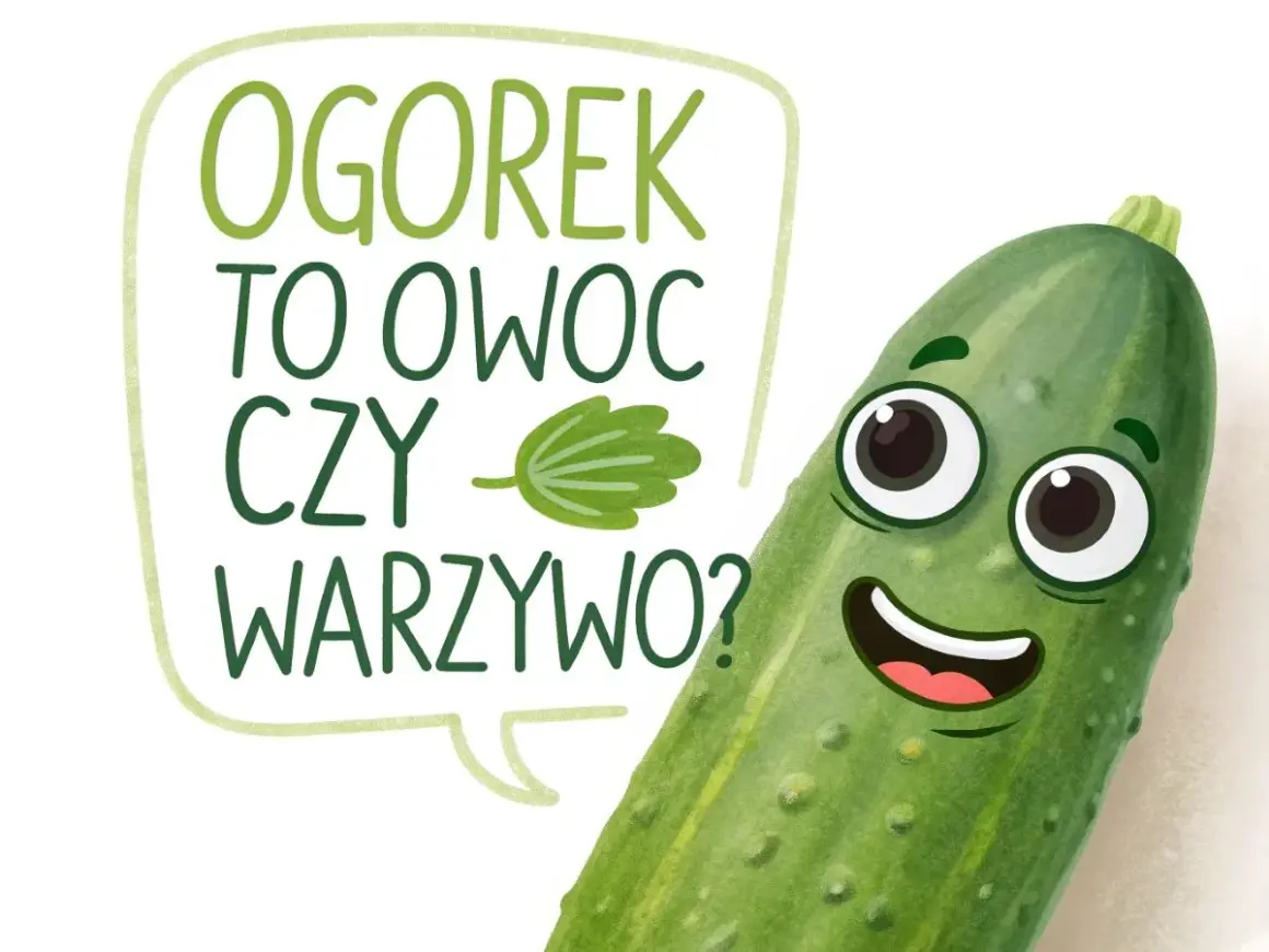 Uśmiechnięty ogórek zastanawia się: "Czy ogórek to owoc czy warzywo?". Zabawna grafika edukacyjna.