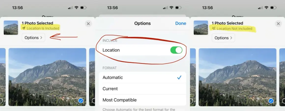 iPhone photo options screen showing how to remove photo metadata, specifically location data, from a selected image.