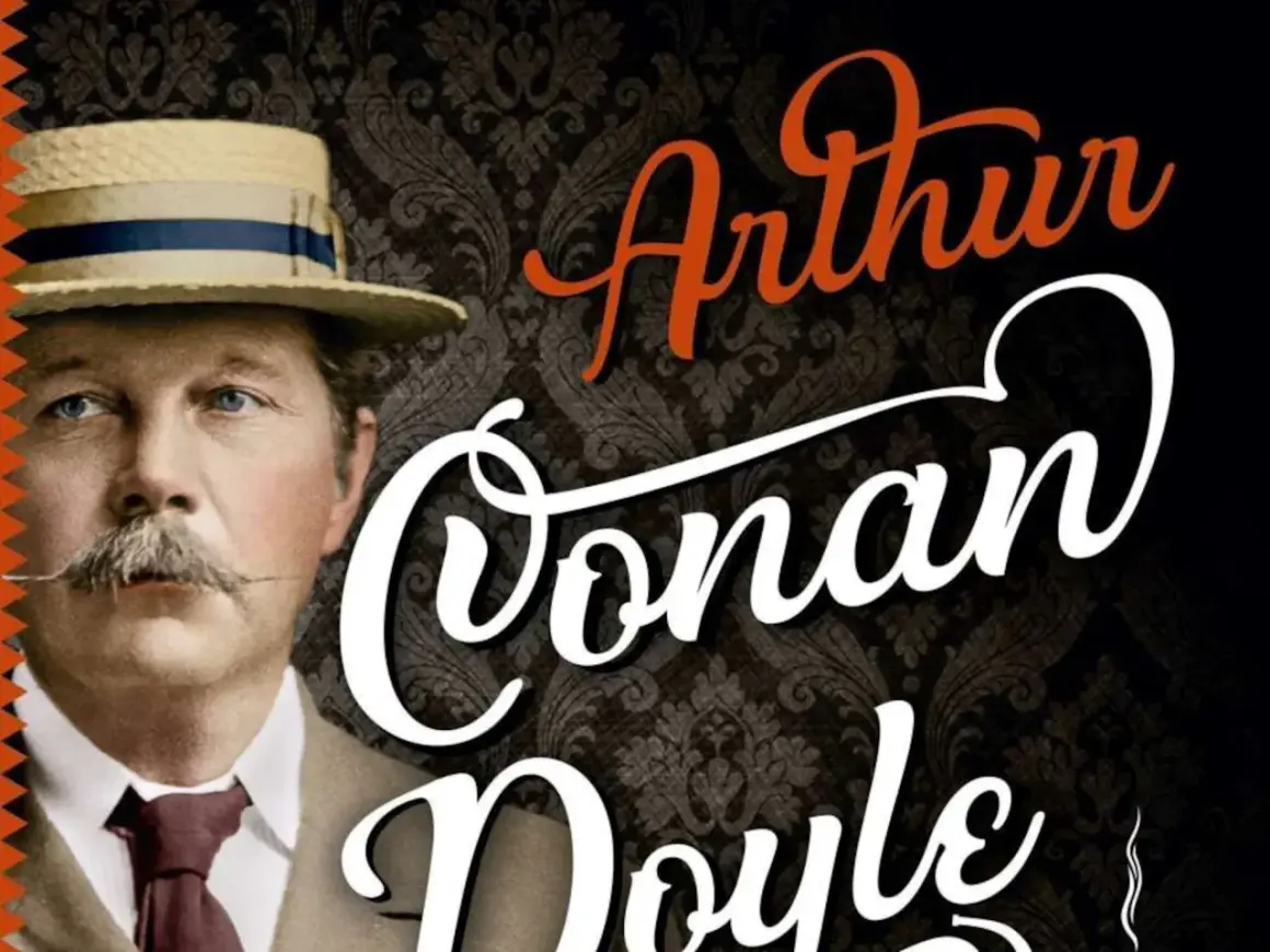 Retrato de Arthur Conan Doyle con sombrero de paja y bigote, junto a su nombre escrito en letras cursivas.