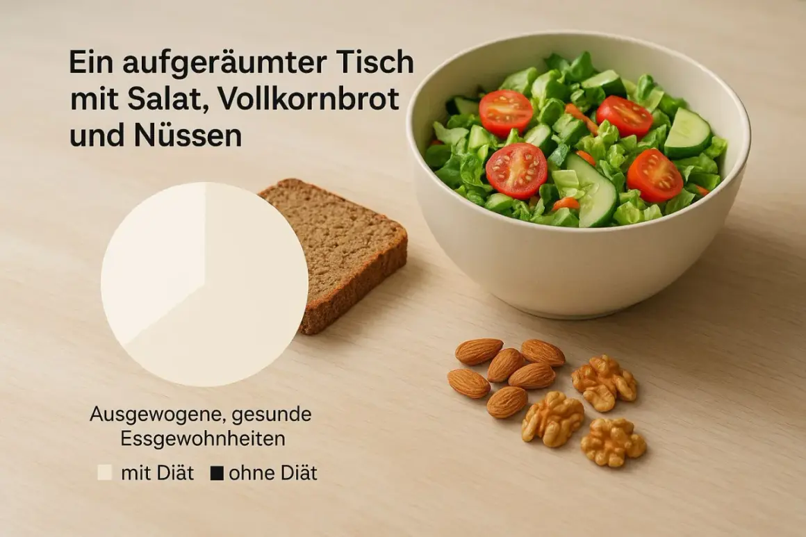 Salat, Vollkornbrot und Nüsse – eine Mahlzeit mit guten Kalorien für ausgewogene Essgewohnheiten.