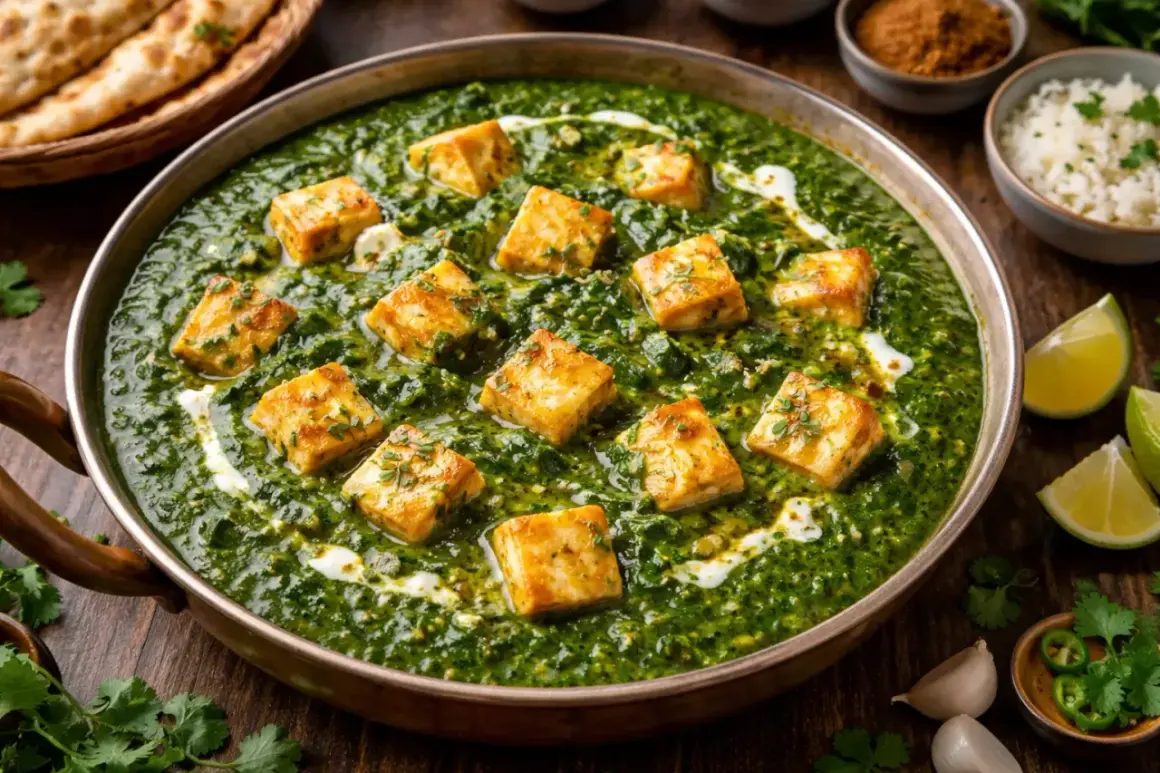 En krämig palak paneer med gyllene paneerbitar i en djupgrön spenatsås. Ett perfekt recept för en smakrik indisk middag.