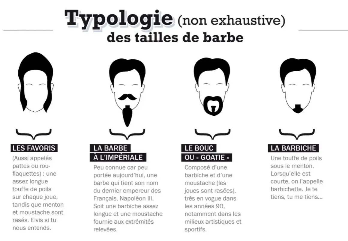 Typologie des tailles de barbe : le favori, la barbe à l'impériale, le bouc ou "goatie", et la barbiche. Chaque nom de barbe est illustré.