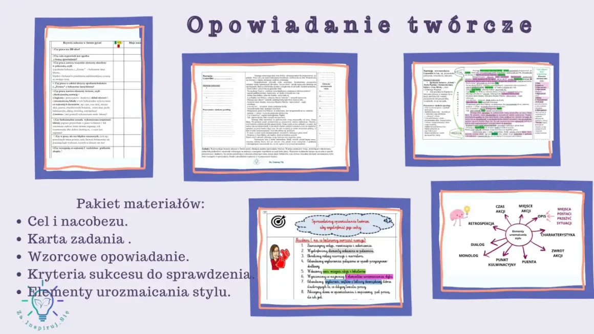 Pakiet materiałów do opowiadania twórczego: cele, karta zadania, wzorzec, kryteria sukcesu i elementy urozmaicania stylu.