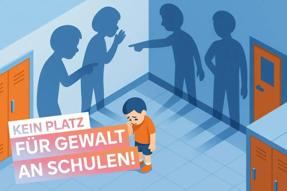 Ein trauriger Junge steht vor Schattengestalten, die auf ihn zeigen. Die Botschaft: Kein Platz für Gewalt an Schulen!