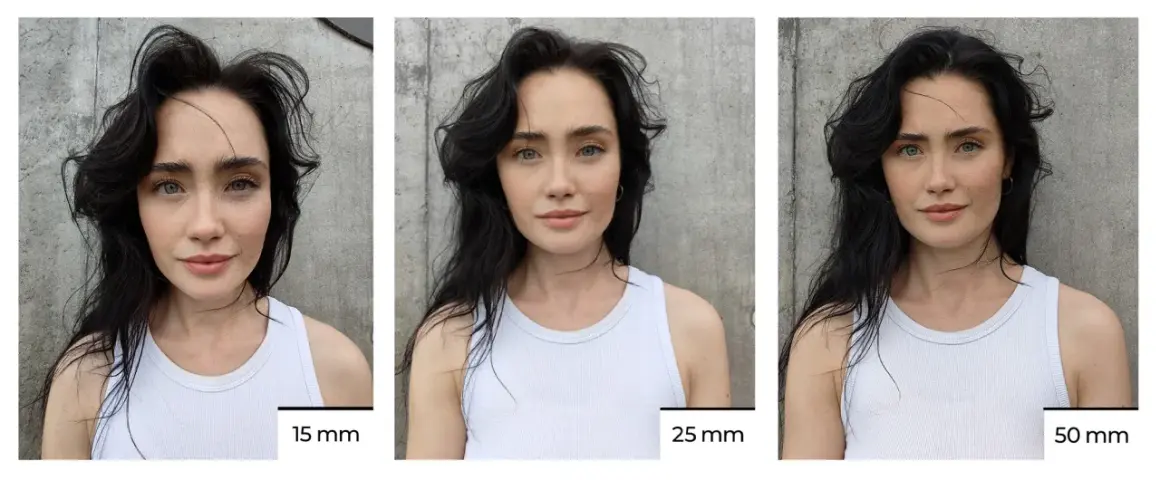 Portret kobiety w białej bluzce, prezentujący różne ogniskowe: 15 mm, 25 mm i 50 mm.
