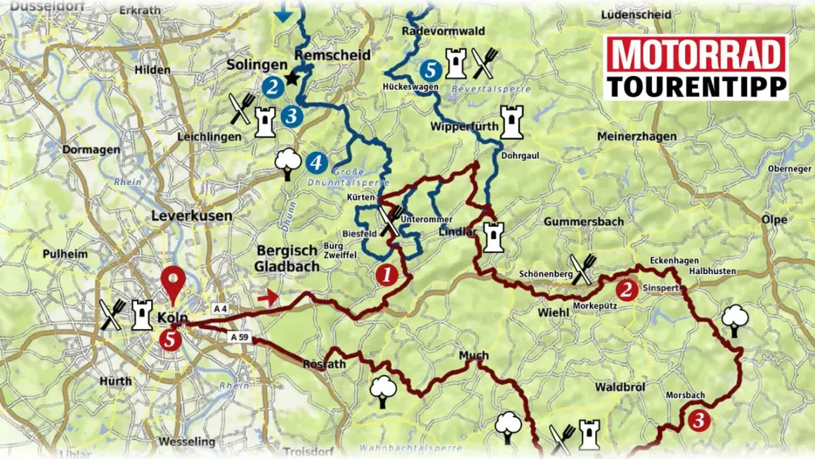 Karte mit einer roten Route für eine Motorrad Tour durch das Bergische Land. Stationen sind Köln, Solingen, Wipperfürth und Waldbröl.