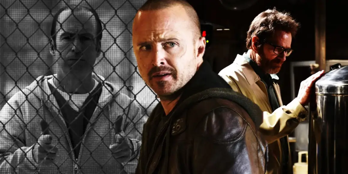 Jesse Pinkman w centrum, obok Walter White. Po lewej Saul Goodman za kratami.
