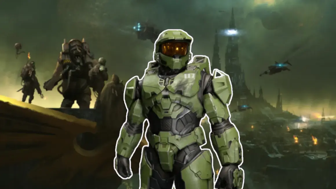 Master Chief steht im Vordergrund, umgeben von einer dystopischen Landschaft mit Türmen und Flugzeugen. Ein Symbol für die besten Xbox exclusive games.