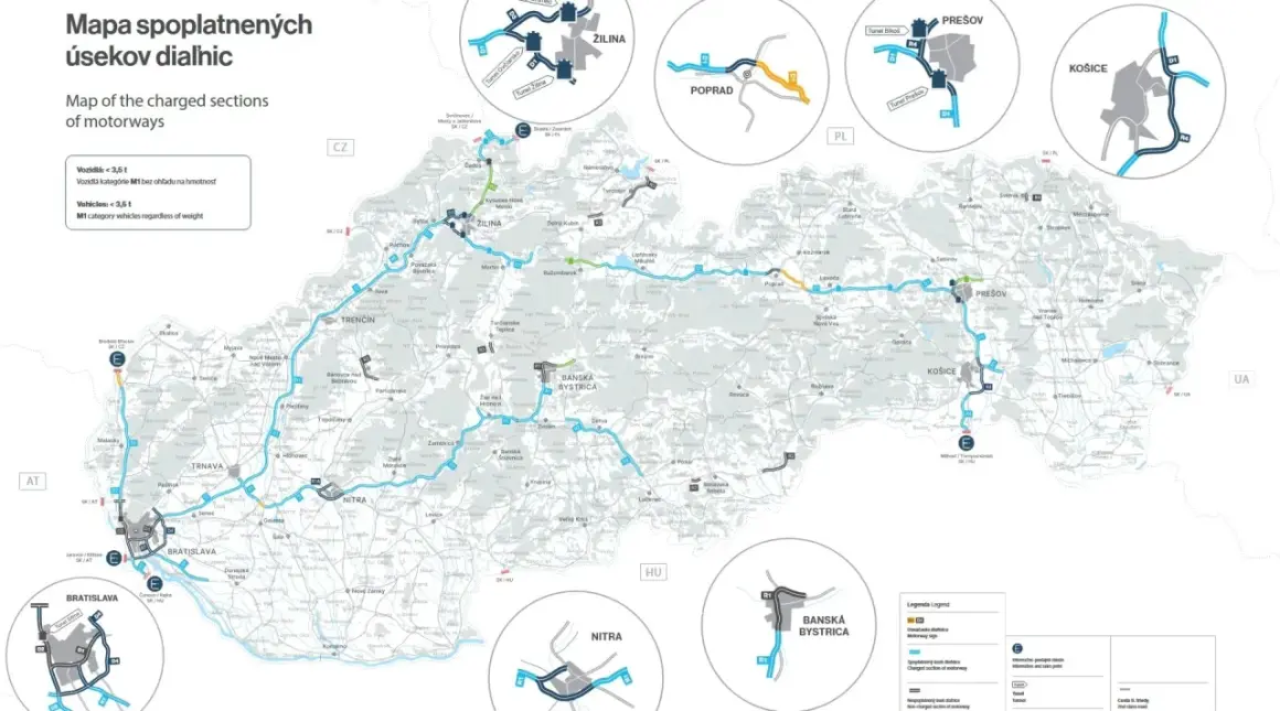 Mapa spoplatnených úsekov diaľnic na Slovensku. Zobrazuje diaľnice, ktoré vyžadujú **winiety Słowacja** pre vozidlá do 3,5 t a kategórie M1.