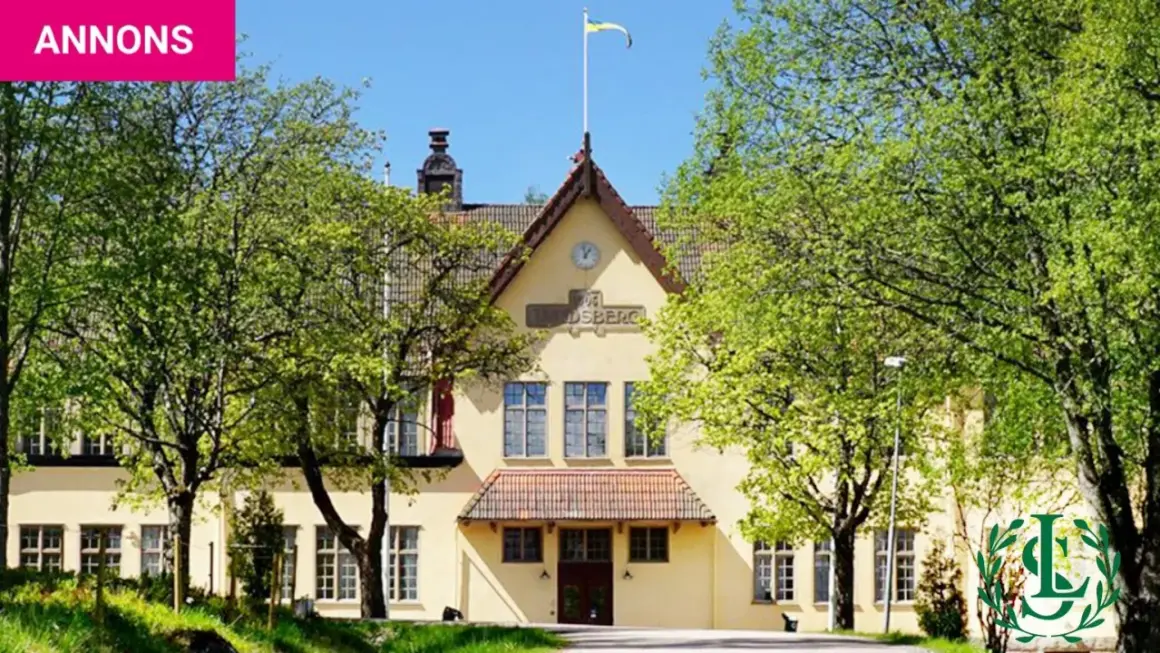 Gult hus med flagga på taket, omgivet av gröna träd. En annons för internat i Sverige.