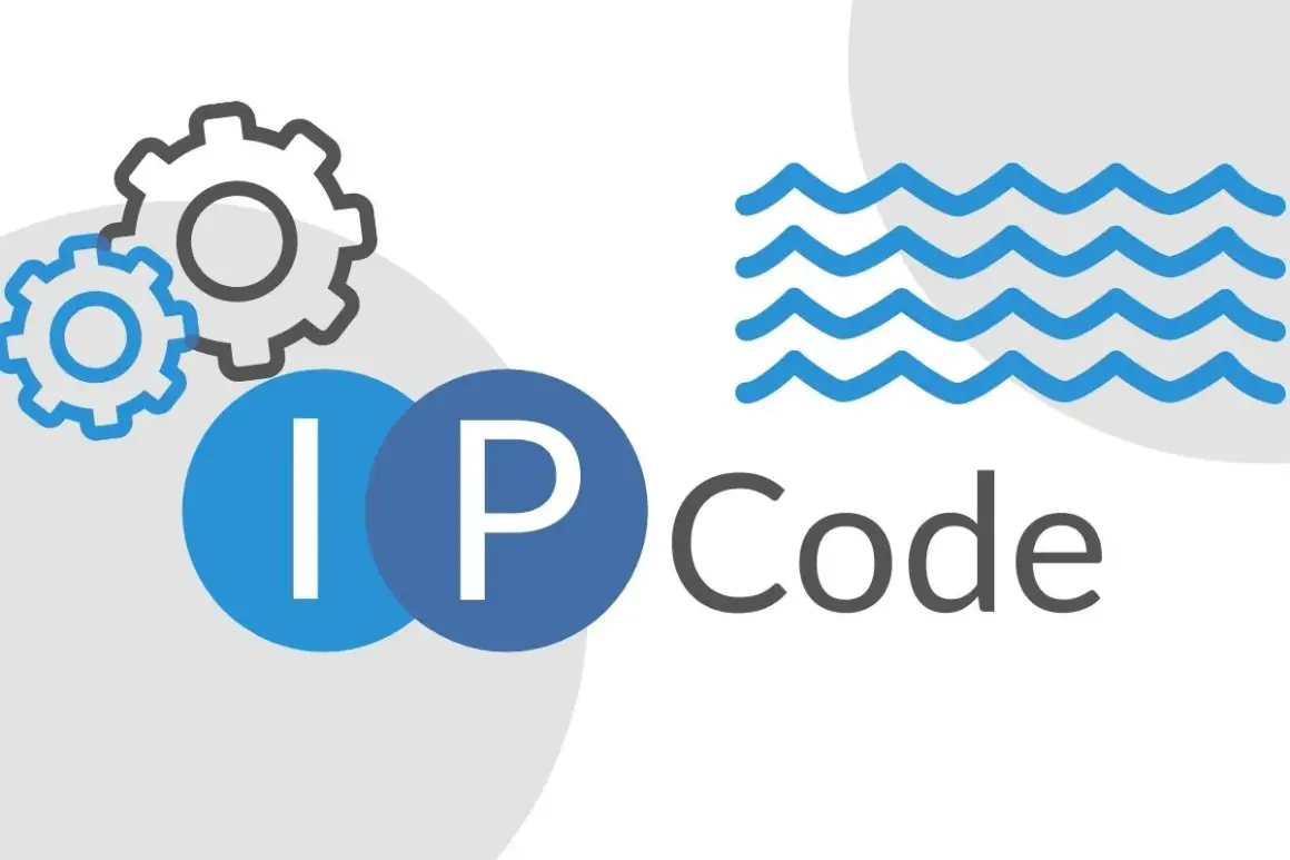 Grafika zębatek i fal symbolizuje płynność i mechanizmy działania. Litery "IP" w niebieskich kołach oraz napis "Code" sugerują projektowanie kodu IP 64.
