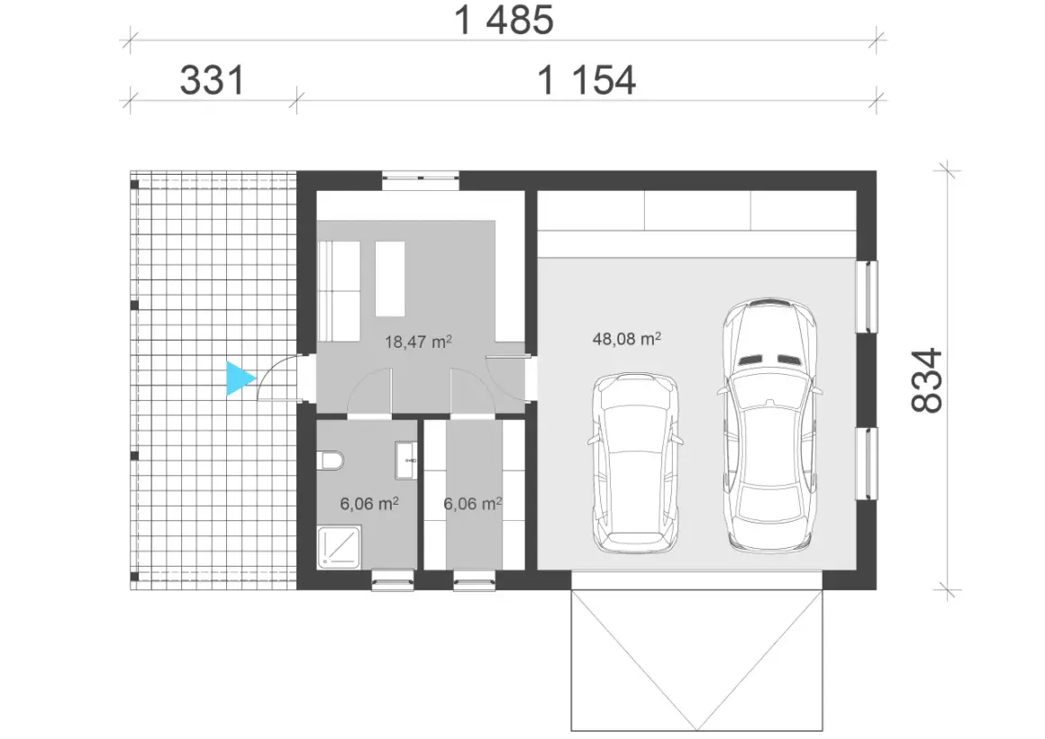 Projekt garażu na dwa auta o powierzchni 48,08 m². Obok pomieszczenie gospodarcze 18,47 m² i dwie łazienki po 6,06 m².