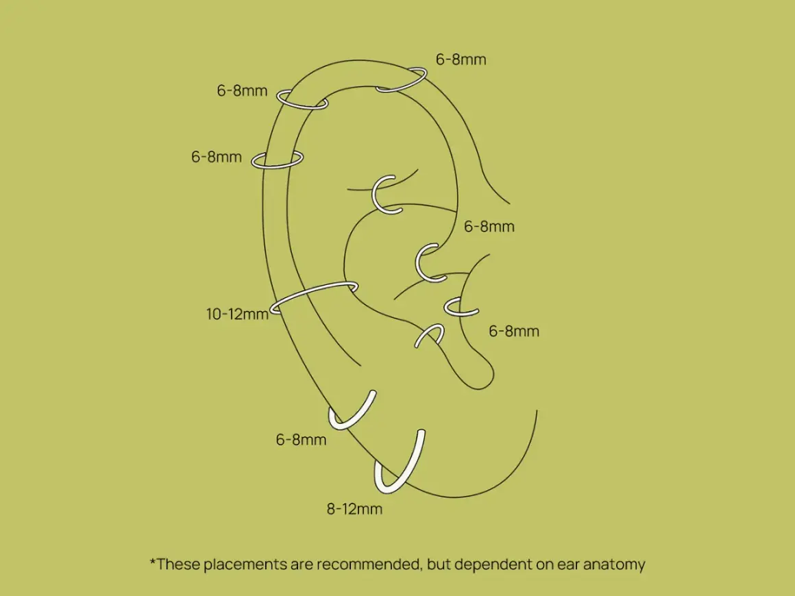 Schemat ucha z zaznaczonymi rozmiarami kolczyków. Jaki rozmiar kolczyka do helixa? Zazwyczaj 6-8mm, ale zależy od anatomii ucha.