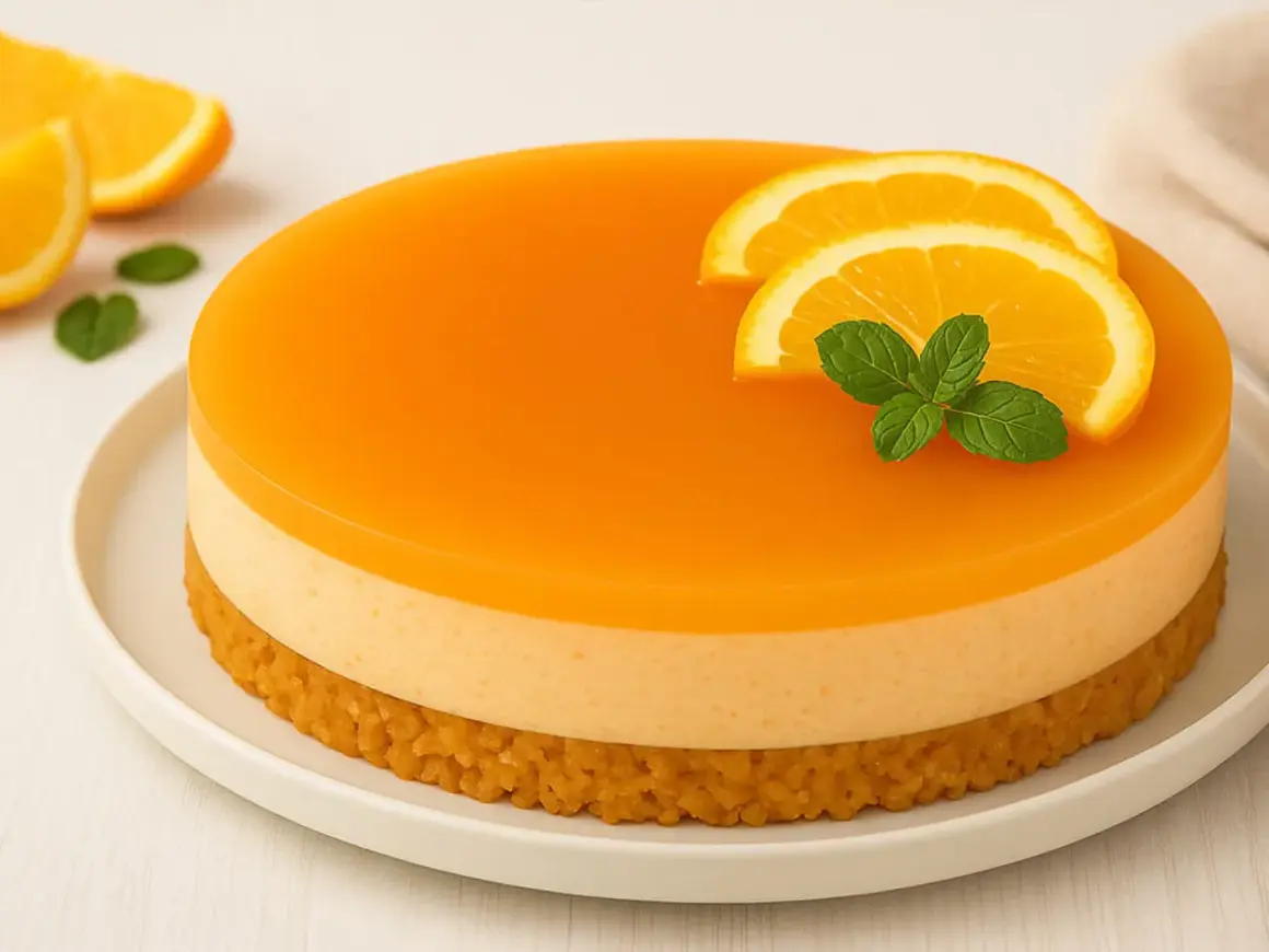 Eine leuchtend orangefarbene Aperol Torte mit zwei Orangenscheiben und Minze garniert. Der Boden ist knusprig, die Füllung cremig.
