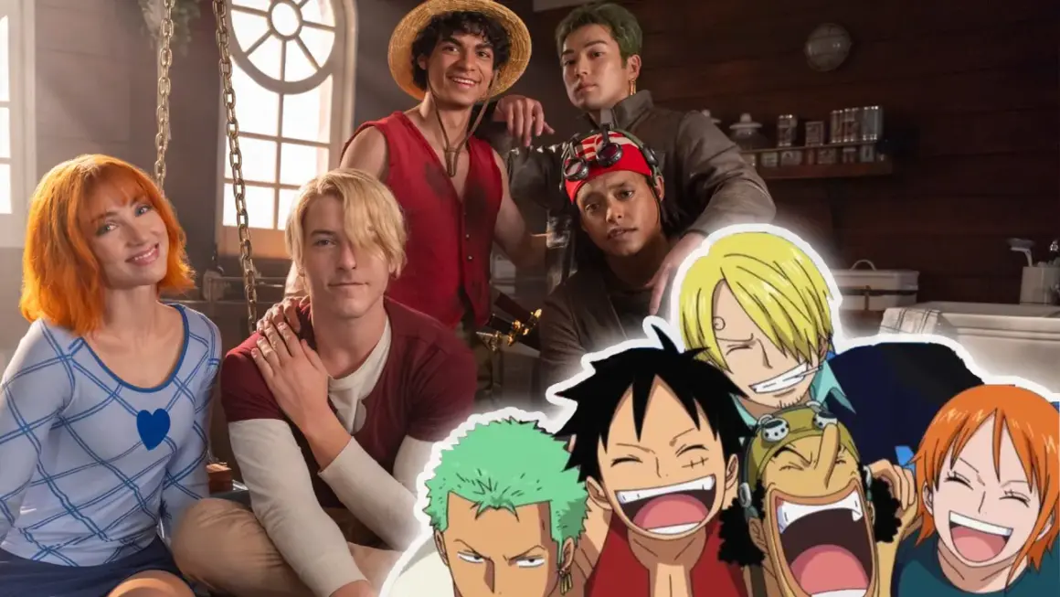 Die Schauspieler des "One Piece"-Live-Action-Films posieren fröhlich. Im Vordergrund die animierten Charaktere, im Hintergrund die Darsteller.