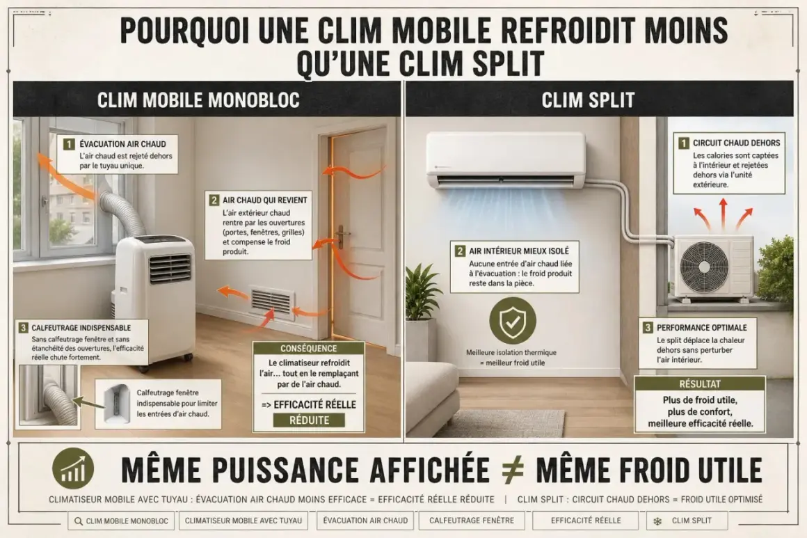 Comparaison entre clim mobile monobloc et clim split. La clim mobile rejette l'air chaud dehors, mais l'air chaud extérieur rentre par les ouvertures, réduisant son efficacité. La clim split, mieux isolée, offre un froid utile optimal.