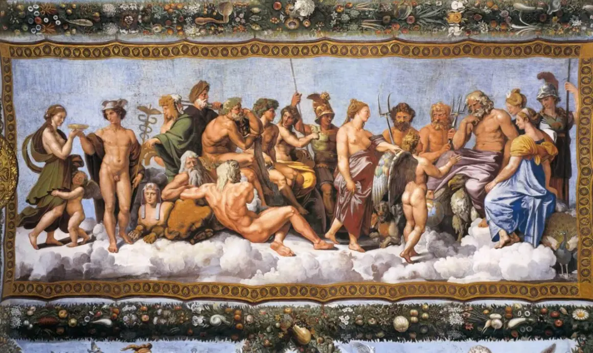 Boska rada bogów greckich, w tym Zeusa, omawia stworzenie świata według mitologii greckiej.