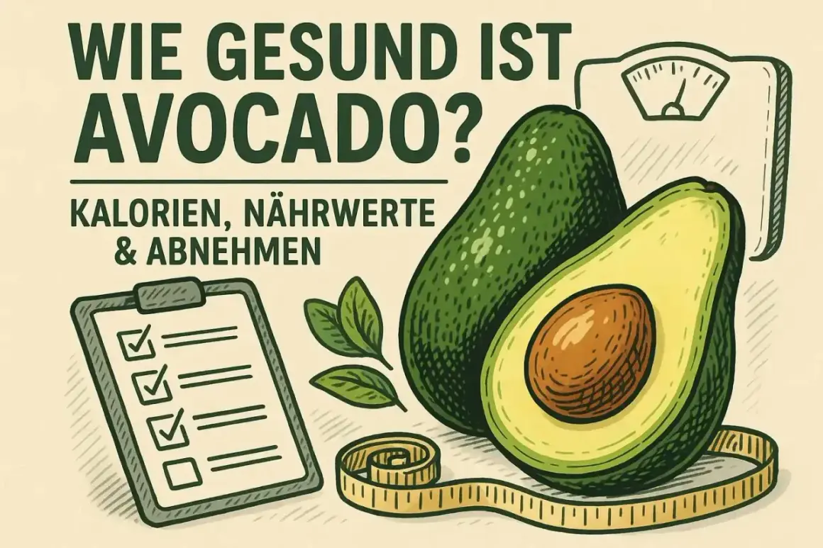 Wie gesund ist Avocado? Kalorien, Nährwerte & Abnehmen. Eine Waage, Maßband und Checkliste deuten auf die gesunde Ernährung mit Avocado hin.