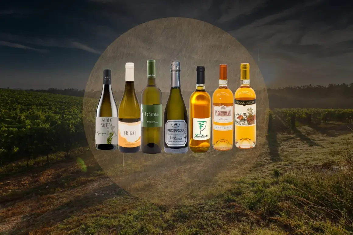 Selezione di bottiglie di vino bianco friulano, tra cui Sauvignon, Chardonnay e Prosecco, su uno sfondo di vigneti al tramonto.