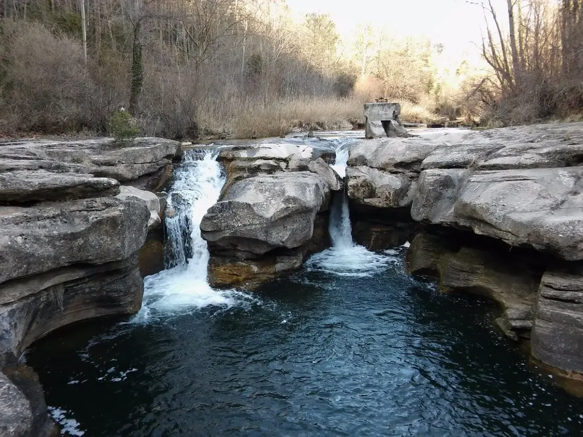 Cascada en la riera del Palau, con rocas erosionadas y vegetación de ribera. El agua cae formando remolinos.